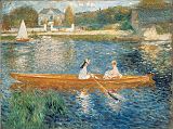 London National Gallery Top 20 17 Pierre-Auguste Renoir - Boating On the Seine Pierre Auguste Renoir - Boating on the Seine, 1879-80, 71 x 92 cm. Two young women row lazily on the Seine in the haze of a hot summer�s day. A slight breeze cools the air, as the sunlight flickers on the water, casting shadows and reflections on its rippling surface. The orange hue of the skiff against the blue of the river exploits the use of complementary colours.